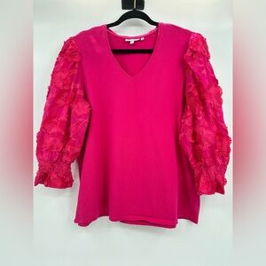 Chicos Hot Pink Shirt Top Boho Floral Applique Balloon Sleeves Size 4 XXL